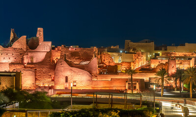 Diriyah illuminated  old town walls, At-Turaif district complex at night, Riyadh, Saudi Arabia
