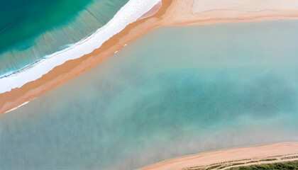 Minimalistic aerial  illustration blue ocean , bank peach and green seascape from high . Abstract background