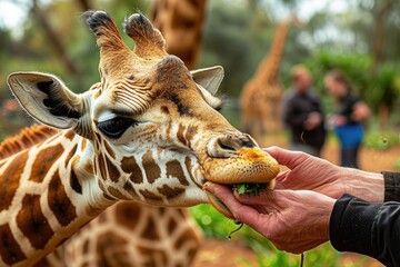 A majestic giraffe delicately feeds from a person's hand in the serene outdoor setting, showcasing the wild beauty of this terrestrial animal as it stands tall under a tree at the zoo - Powered by Adobe