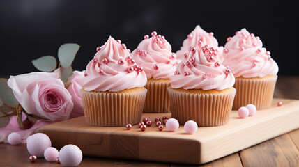 Delicate cupcakes with pink cream and decorations on a wooden stand.