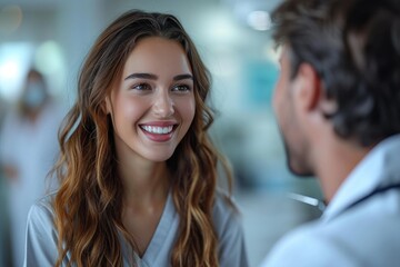 Obraz premium A woman's infectious smile and cascading layers of brown hair catch the attention of a man, creating a charming and carefree outdoor moment
