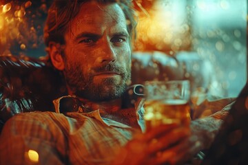 A rugged man with a bushy beard savors the taste of his beer as he gazes confidently into the camera, capturing the essence of relaxation and masculinity in an intimate indoor portrait