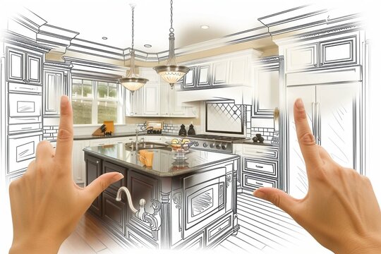 Hands Framing Gradated Custom Kitchen Design Drawing and Photo Combination