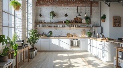 Home interior of a trendy, stylish, bright Scandinavian-style kitchen with open shelves. Loft interior.