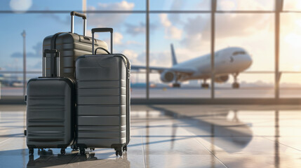 Travel concept: Suitcases in airport with airplane at background