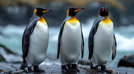 Fototapeta premium A regal group of flightless aquatic birds, including king, adaalie, and emperor penguins, stand proudly on a rocky outpost in the great outdoors, showcasing the stunning diversity and resilience of w