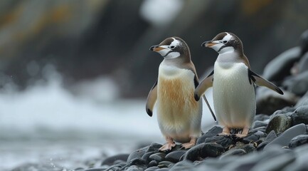 Two flightless penguins, with their sleek black and white feathers, stand gracefully on the rugged rocks, showcasing the beauty and resilience of these aquatic birds in their natural habitat