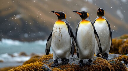 Fototapeta premium A majestic gathering of flightless aquatic birds, including the adorable adelie, regal king, and majestic emperor penguins, standing proudly on a rugged rock in their natural outdoor habitat