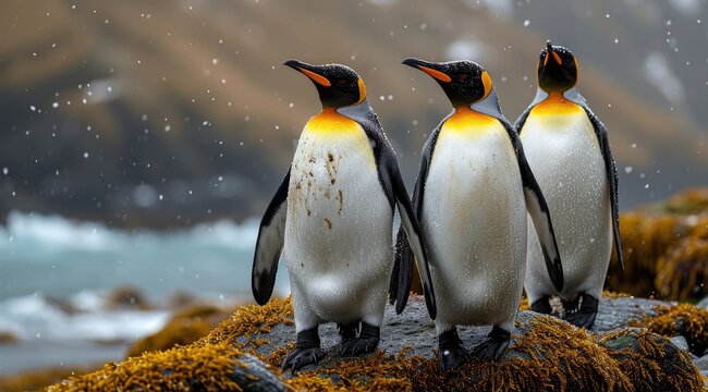 A Majestic Gathering Of Flightless Aquatic Birds, Including The Adorable Adelie, Regal King, And Majestic Emperor Penguins, Standing Proudly On A Rugged Rock In Their Natural Outdoor Habitat