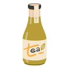 Tea bottle, cooling summer drink. Healthy beverage, fresh fruit watter glass bottle. Natural summer liquid refreshment. Flat vector illustration isolated on white background.