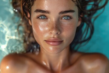 A portrait of a captivating woman with freckles and damp hair, her expressive face adorned with long lashes and arched brows, evoking a sense of vulnerability and raw beauty as she gazes into the ind - obrazy, fototapety, plakaty