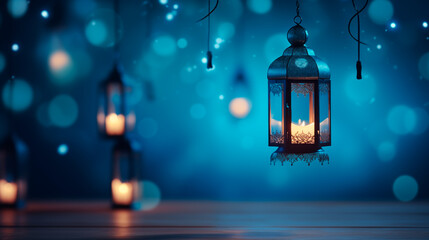 Ramadan Kareem background banner with stars and lantern. Image with copy space. Generative AI