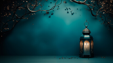 Ramadan Kareem background banner with stars and lantern. Image with copy space. Generative AI