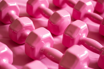 The image depicts a collection of glossy pink dumbbells arranged on a pink surface. 