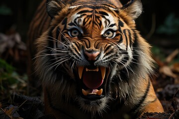 A fierce bengal tiger roars with its mouth open, displaying its sharp fangs and majestic fur as it commands attention in the wild