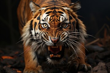 A majestic bengal tiger stands proudly with its snarling mouth open, showcasing its fierce nature as a powerful terrestrial mammal in the wild