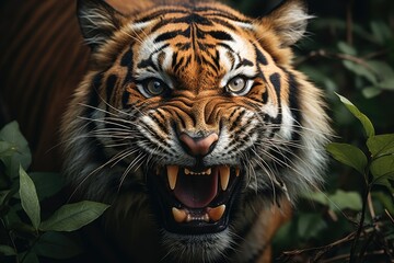 A fierce bengal tiger roars with its mouth open, showcasing its majestic snout, piercing whiskers, and beautiful fur in the wild
