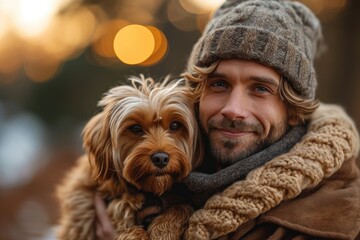 A rugged man and his loyal brown dog stand together in the winter cold, their matching fur coats...