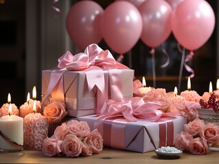 Gift boxes with ribbons and balloons.