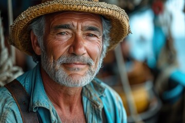 Obraz premium A rugged man with a weathered face dons a straw hat, adding a touch of charm and character to his outdoor portrait