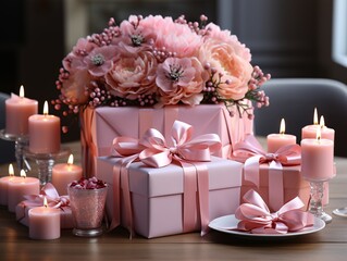 Gift boxes with ribbons and balloons.