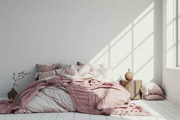 Light, cute and cozy home bedroom interior with unmade bed, pink plaid and cushions on empty white wall background. 3D rendering.