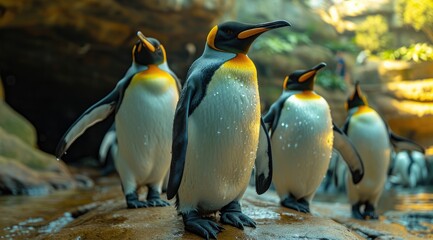 Fototapeta premium A diverse group of majestic penguins, including the adorable adelie, regal king, and iconic emperor, stand proudly on rocky terrain in their natural outdoor habitat at the zoo, showcasing the wonder 