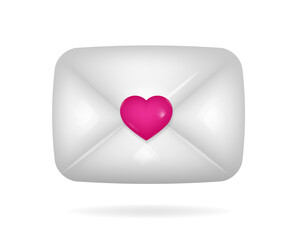 3d icon of white envelope with pink heart on it. Love letter. New message. Happy Valentine's Day, Mother's Day, Women's Day.