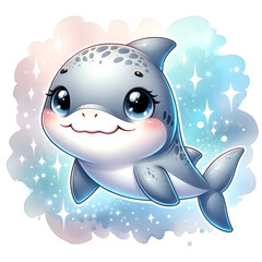 Cute Baby Shark Illustration with Twinkling Stars, Ideal for Kids' Content and Educational Materials