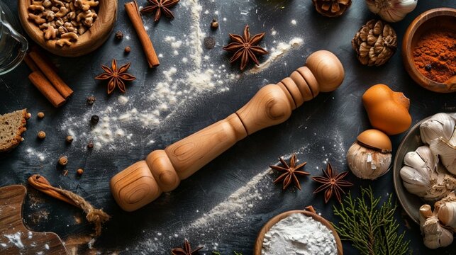 Kitchen wooden rolling pin. Christmas decoration style. dark background. Top view.