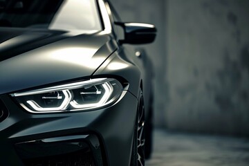 Luxury expensive car parked on dark background. Sport and modern luxury design gray car. Shiny clean lines and detailed front view of modern automotive. Automotive advertising banner. - obrazy, fototapety, plakaty