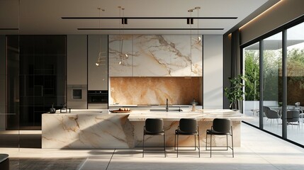 Luxury kitchen and dining room with gold marble countertop, Modern and prestige interior. Created with generative AI