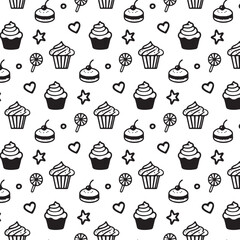 Sweets black icons seamless pattern. Cupcake, star, heart and lollipop repeat on white background. Vector illustration.