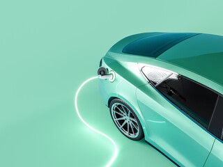 Green electric car connected to charger on green background with copy space. 3D Rendering, 3D...