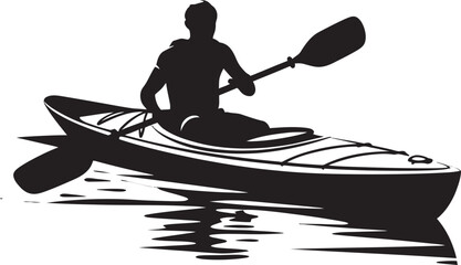 Serene Splash Vector Logo Illustrating a Tranquil Kayaking Experience Rapid Reflections Black Icon of a Kayaker Amidst Flowing Waters