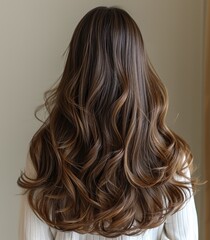 Fototapeta premium A young woman with cascading brown locks adorned with a delicate braid, her hair expertly colored, stands confidently against an indoor wall