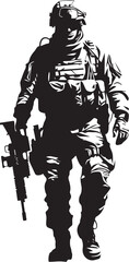 Gunmetal Sentinel Sleek Black Icon Featuring a Soldier with a Gun Precision Defender Logo Illustration of a Military Man Aiming with a Gun in Black