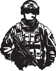 Tactical Guardian Sleek Black Emblem Depicting a Vigilant Soldier with a Gun Urban Warfare Enforcer Vector Illustration of a Soldier with a Gun in a City Setting