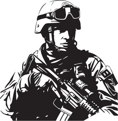 Camo Guardian Vector Logo Depicting a Military Man with a Gun in Camouflage Lethal Enforcer Stylish Black Emblem Illustrating the Vigilance of a Soldier