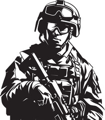 Tactical Sniper Black Logo Illustrating the Strength and Readiness of a Soldier Urban Warfare Defender Vector Icon of a Soldier with a Gun in a City Setting