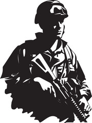 Fototapeta premium Tactical Guardian Sleek Black Emblem Depicting a Vigilant Soldier with a Gun Urban Warfare Enforcer Vector Illustration of a Soldier with a Gun in a City Setting