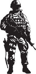 Tactical Guardian Iconic Design of a Soldier with a Gun in Bold Black Gunmetal Warrior Sleek Black Logo Symbolizing Military Strength and Readiness