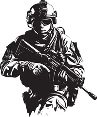 Camo Guardian Vector Logo Depicting a Military Man with a Gun in Camouflage Futuristic Facades Modern Building Architecture Vector Black Logo Icon Design