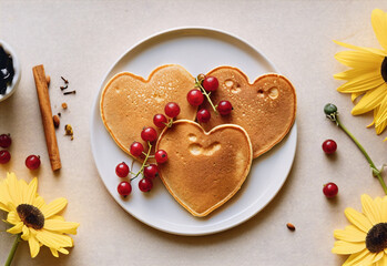 Obraz na płótnie Canvas Heart shaped pancake for a romantic morning breakfast on Valentine's Day surrounded with fruits, berries and syrup or honey. Generative AI 