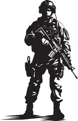 Shadow Strike Sentinel Iconic Design of a Soldier with a Gun in Stealthy Black Armored Avenger Vector Icon Depicting a Military Man with Gun in Bold Black