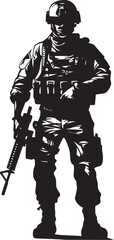 Camo Commando Iconic Design of a Gun Wielding Military Leader in Stealthy Black Urban Warfare Guardian Vector Logo Illustrating a Soldier with a Gun in a City Setting