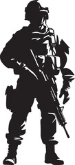 Urban Warfare Guardian Vector Logo Illustrating a Soldier with a Gun in a City Setting Gunmetal Marksman Black Icon Depicting a Military Man Aiming with Precision