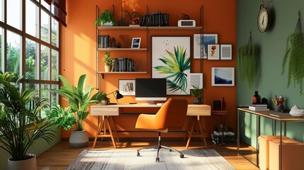 Minimalist Home Office with Orange and Green Wall