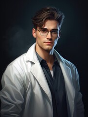 Obraz premium man student scientist or doctor, wearing a white gown, standing, looking and smiling. science and study. one person