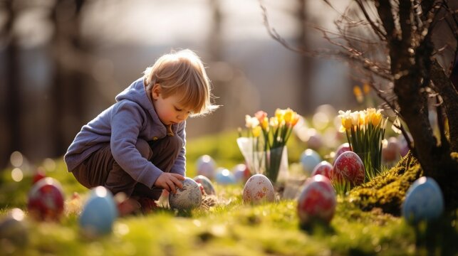 Happy Easter. the child is looking for painted eggs in the grass on a sunny day. happy childhood